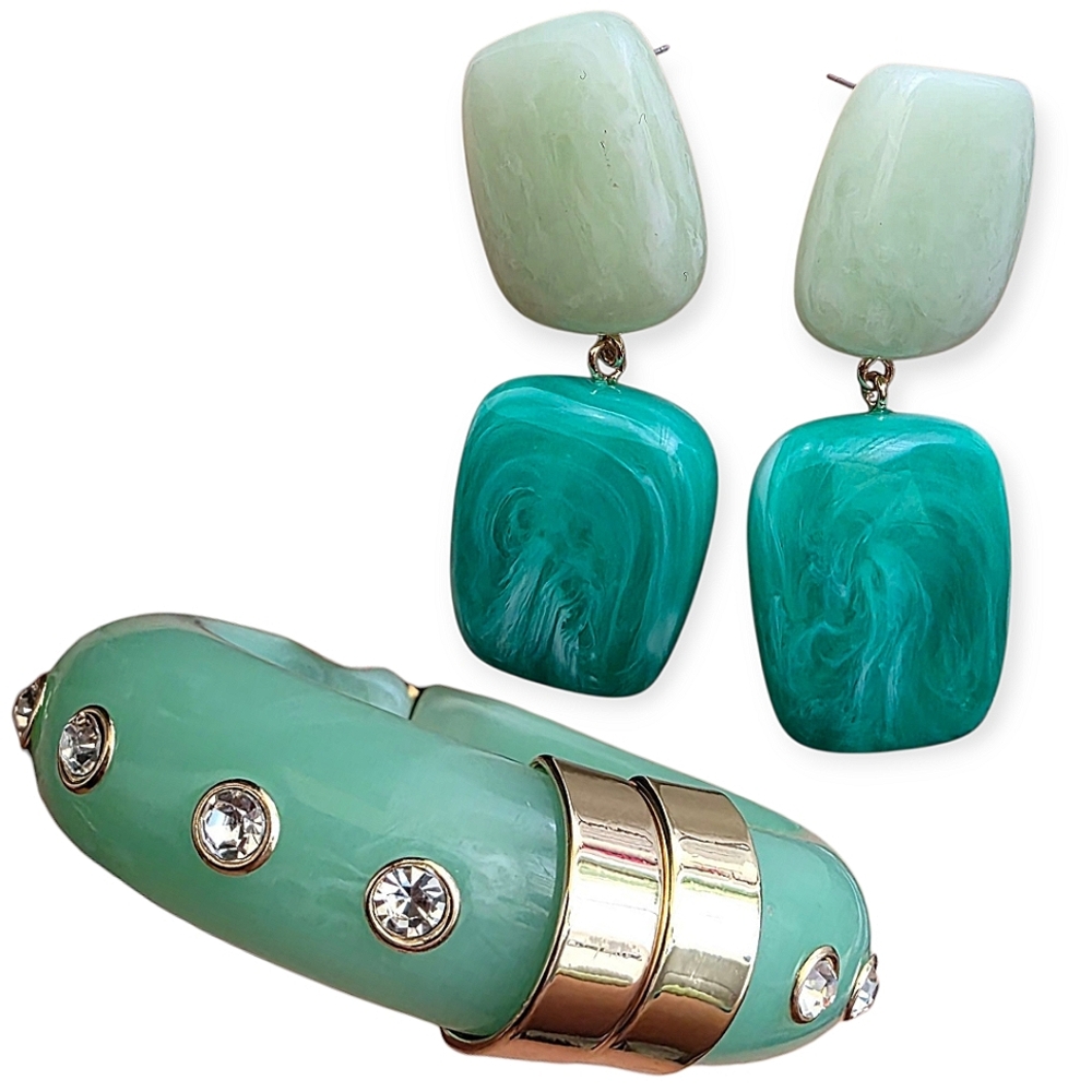 Turquoise Ombre Marble Mint Green Earrings & Bracelet Set